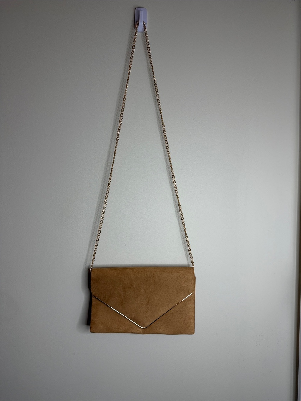 Suede Envelope Wristlet Clutch with Gold Chain - Tan
